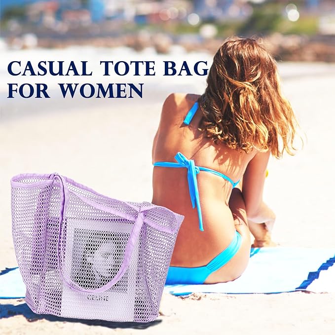 Mesh Beach Bag, Large Beach Tote with Zipper Pocket, Toys Pool Bag for Family Travel Vacation Cruise Essentials