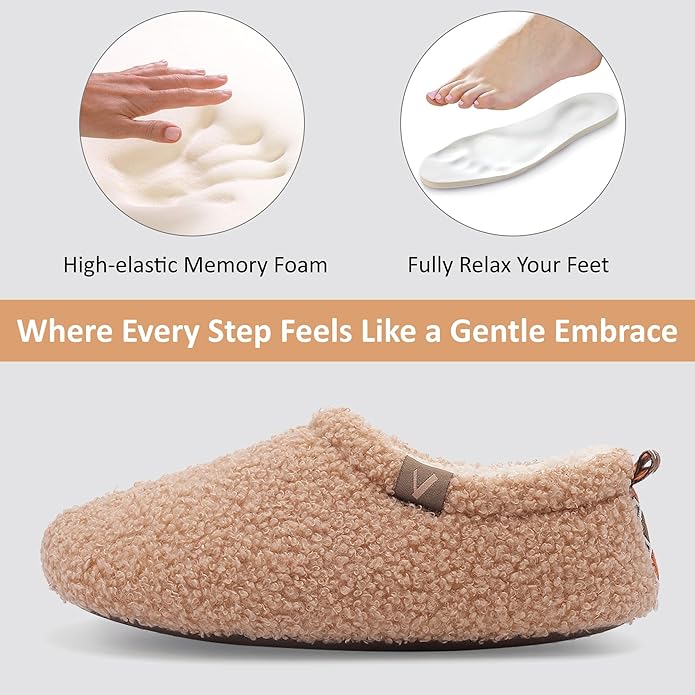 Women’s Fuzzy Memory Foam Slippers with Cozy Curly Fur and Warm Fleece Lining Closed Back Non-Slip House Shoes Lightweight Soft Comfy Indoor Bedroom Slippers