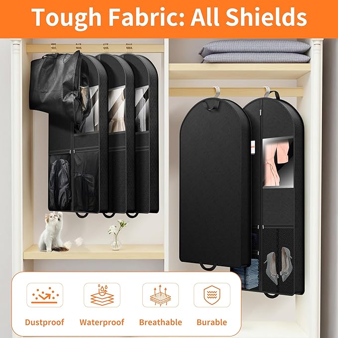 Garment Bag Travel Suit Storage: 63 Inch 3 Packs Fabric Breathable Zippered - Clothes Covers Carry Shoe Pockets Lightweight - Women Travel Wardrobe Protector Hanging Up Multiple