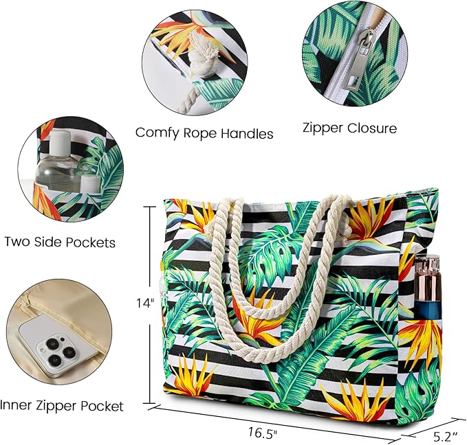 Clothirily Beach Bag for Women - Large Beach Tote Bag, Waterproof Sandproof Beach Bag with Zipper, Large Swim Pool Beach Tote