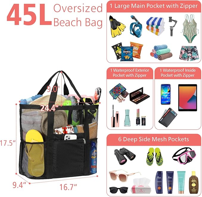 F-color Mesh Beach Bag Family - Large Tote Bag for Cruise Pool Toys Beach Vacation Essentials