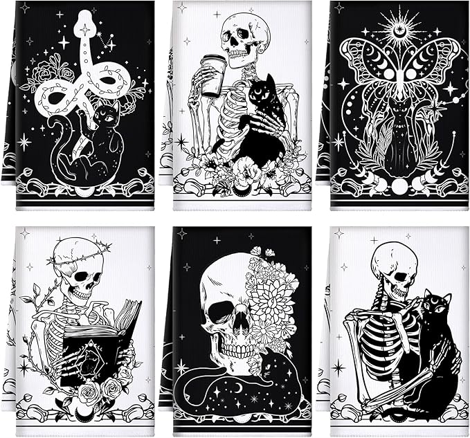 Bencailor 6 Pcs Skull Kitchen Towels Skeleton Dish Hand Towels Black Cat Skull Tea Washcloth for Bathroom Kitchen Gothic Horror Decor Gifts 24 x 16''