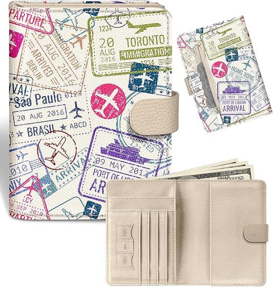 Slohif Passport Wallet Holder Cover for Travel - Women Men RFID Blocking Passport Book Case Protector, Cream Stamp Airplane Leather Personalized Organizer Slim Carrier Boarding Pass Cards Slots