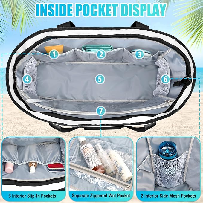 Extra Large Beach Bags for Women, Waterproof Sandproof Beach Tote Bag Foldable Swim Pool Bag with Zipper and Wet Pocket