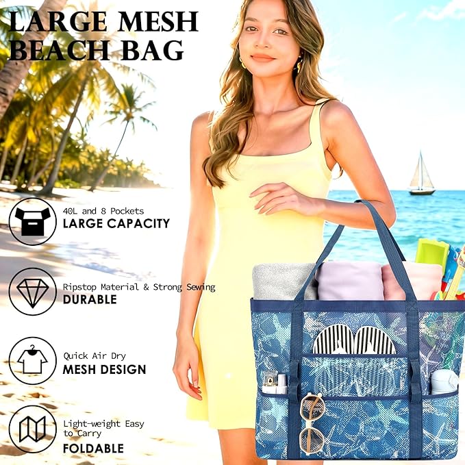 Mesh Beach Bag, Large Beach Tote with Zipper Pocket, Toys Pool Bag for Family Travel Vacation Cruise Essentials