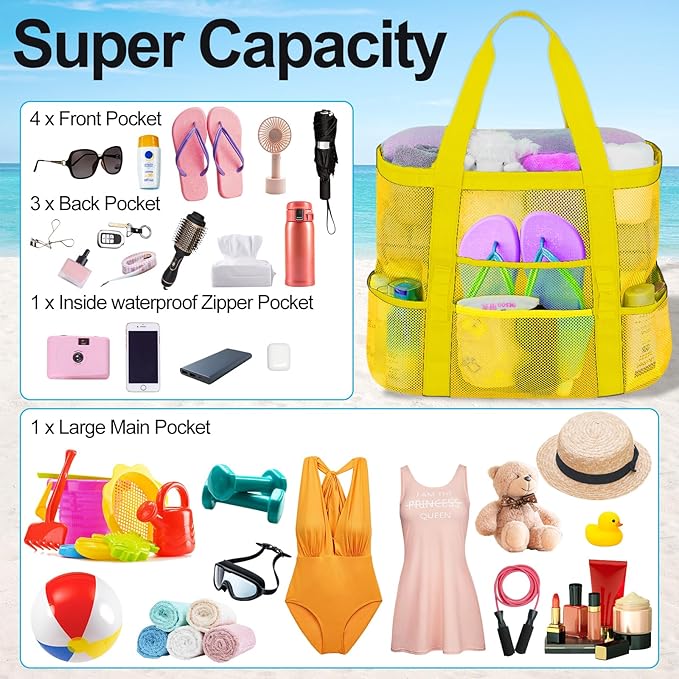 Mesh Beach Bags for Women - Family Beach Tote Bag for Toys, Towels, Travel Vacation Cruise Essentials