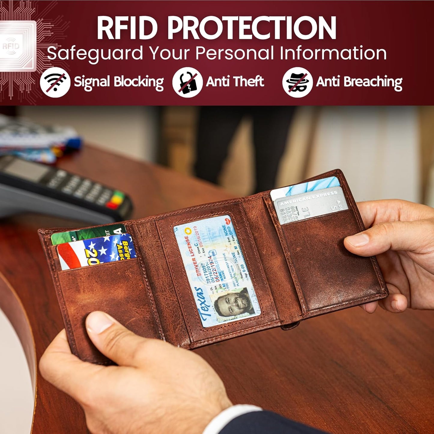 BULL GUARD Best Leather Men's RFID Trifold Wallet With ID Great Outdoor Wallet