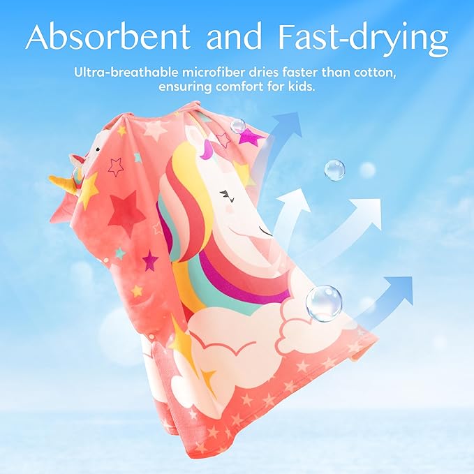 Joiedomi Kids Beach Towels with Hood for Girls Pink Unicorn Hooded Toddler Bath Towel Quick Dry Soft Microfiber 24"x24"