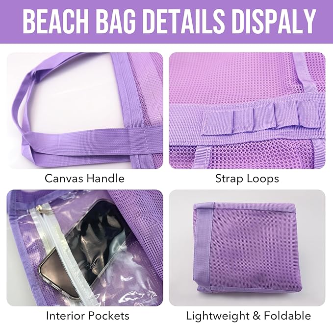Large Mesh Beach Tote Bag, 9-Pocket Foldable Summer Vacation Beach Bag for Travel, Pool, Gym, Cruise