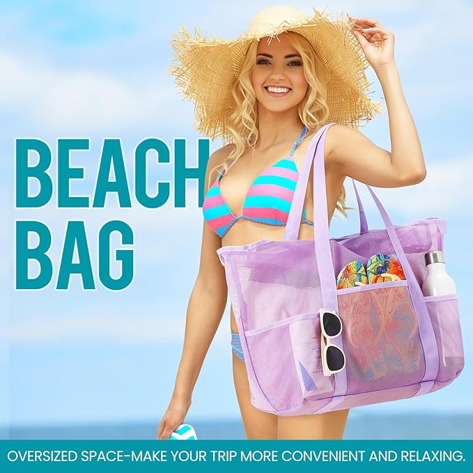 Mesh Beach Bag, Large Bag with Zipper Beach Bags for Women Waterproof Sandproof with 5 Pockets Green