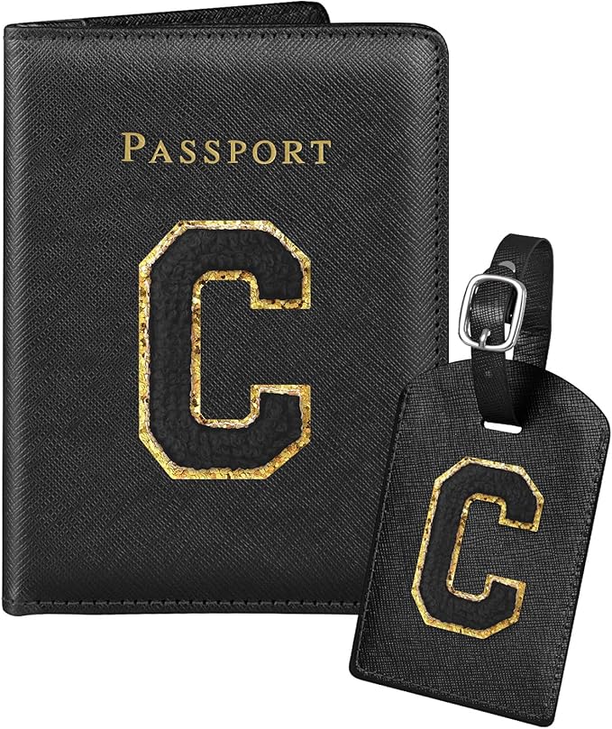 Slohif Passport Holder Initial Lugguage Tag Set Suitcase Cover Wallet Case for Travel Women - Leather Letter Passport Book Personalized Organizer Card Protector Sleeve Essentials Slim Carrier Black C
