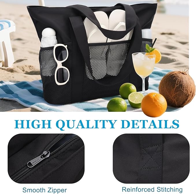VASCHY Beach Bag for Women, Foldable Waterproof Sandproof Beach Tote with Zipper/Mesh Pockets for Vocation/Cruise/Gym/Travel