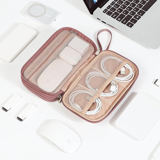 NISHEL Travel Cord Organizer Case, Double Layers Tech Electronic Case, Travel Essentials for Charger, Cable, Phone, Flash drive, Medium, Rose-wood Pink