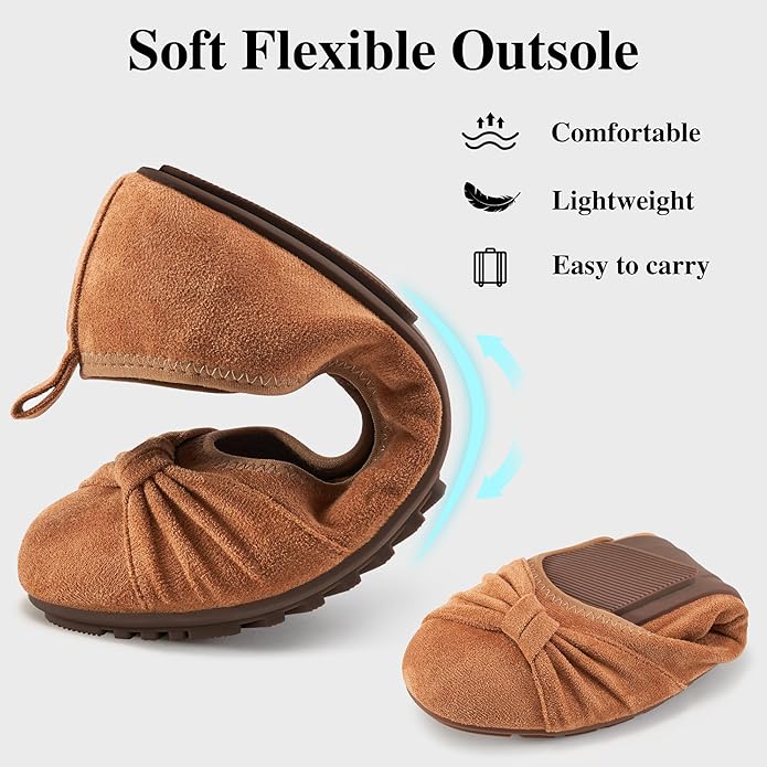 Ecetana Womens Flats Shoes Dressy: Round Toe Bowknot Suede Foldable Ballet Flats Comfortable Casual Slip On Loafers