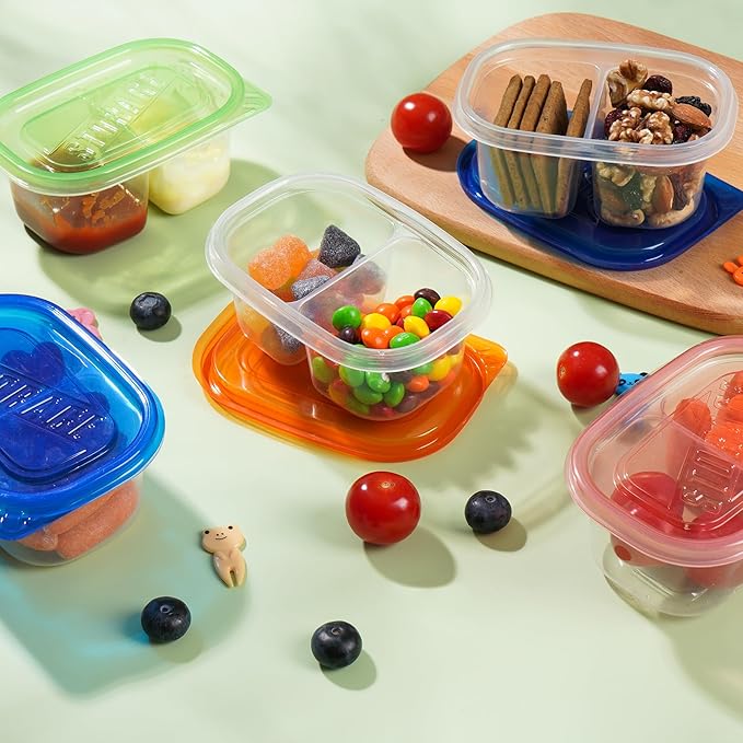 20pcs Snack Containers with Lids,Double Compartment Snack Containers for kids adults, 10 Cute Forks，Bento Box-Lightweight and stackable, Microwave, refrigerator safe (4 Color)