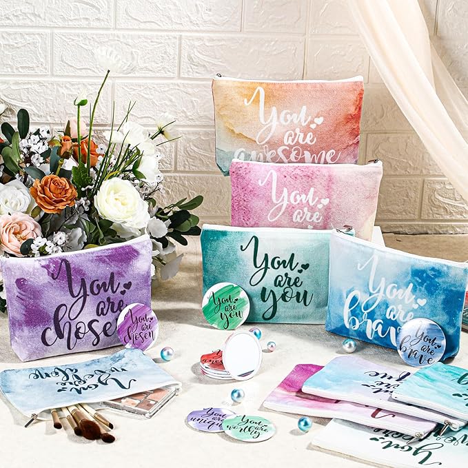 20 Pcs Employee Appreciation Gifts For Women Inspirational Canvas Makeup Bags Portable Compact Mirror Bulk Cosmetic Bags Thank You Gifts for Social Worker Coworkers (Inspiration,Pastel)