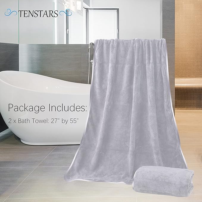 TENSTARS Silk Hemming Bath Towels for Bathroom Clearance - 27 x 55 inches - Light Thin Quick Drying - Soft Microfiber Absorbent Towel for Bath Fitness, Sports, Yoga, Travel, Gym - 2 Pack, Light Grey