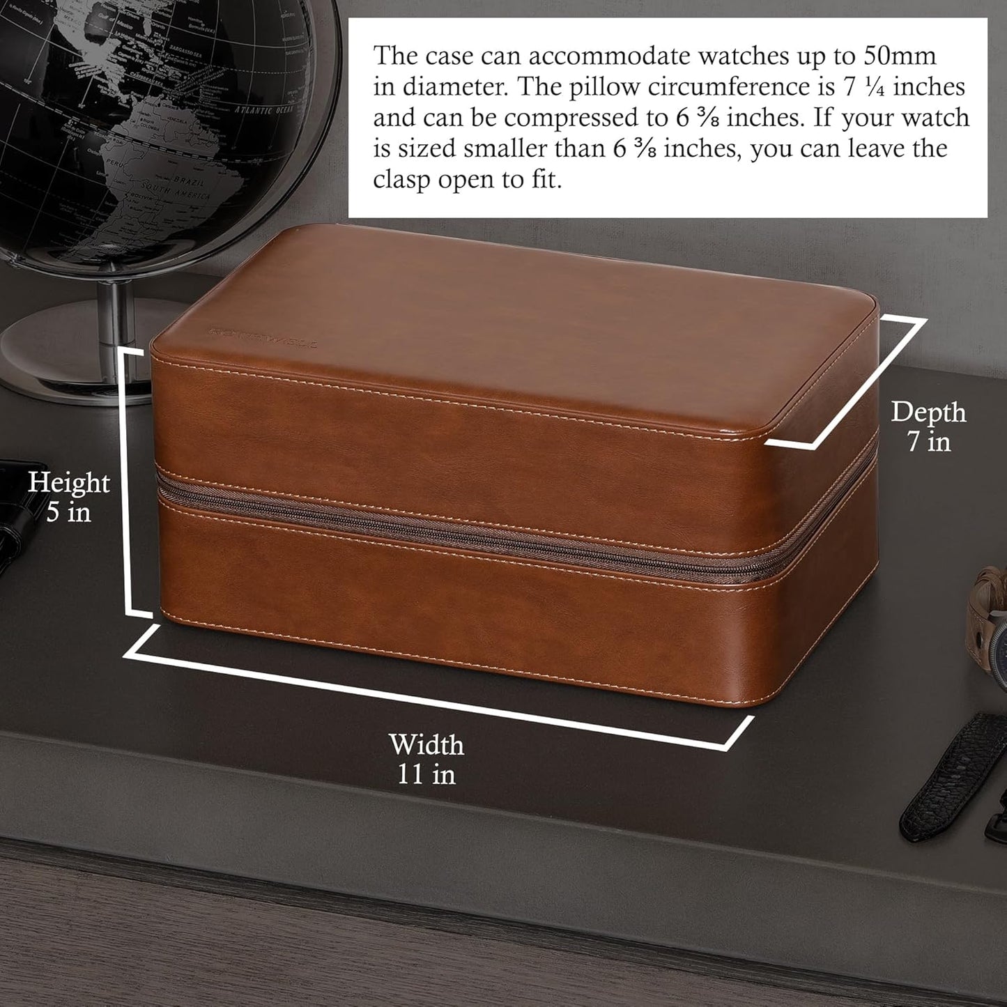 ROTHWELL 8 Watch Travel Case Storage Organizer for 8 Watches, Sunglasses, Rings & Cufflinks |Tough Portable Protection with Zipper Fits Most Wristwatches & Smart Watches Up to 50mm (Tan/Brown)