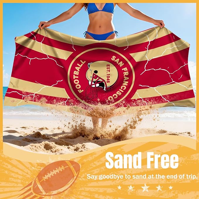 2 Pack Football Fan Thin Lightweight Microfiber Beach Towel San Francisco Themed Sand Free Oversized Quick Dry Towels Men Women Gear 49er Team Dad Husband Guy Him Xmas Father Gag Funny