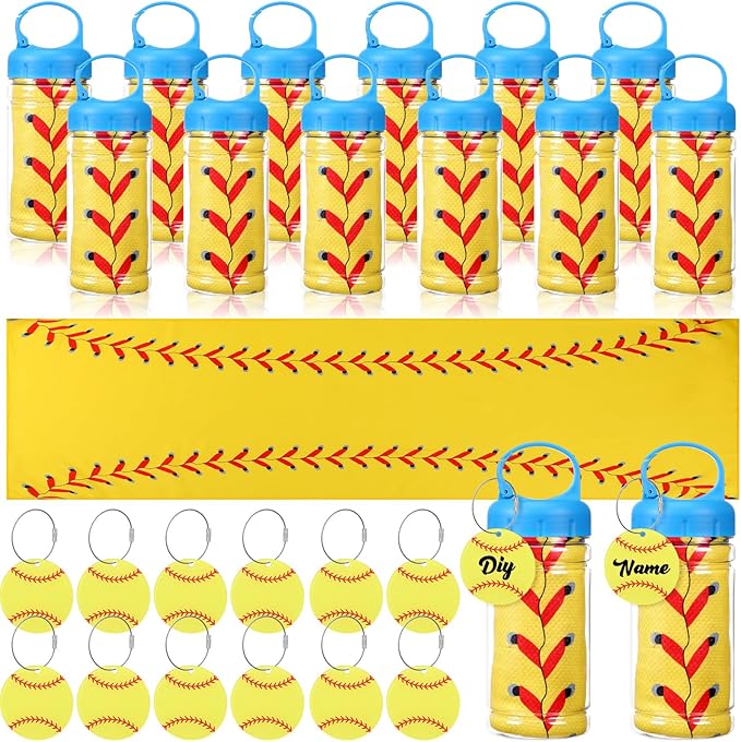 12 Pack Softball Cooling Towels with Softball Acrylic Luggage Tags, 40"x12" Breathable Chilly Ice Towel for Neck with Plastic Container, Sport Towel for Players Team Gift Sport Party Favors