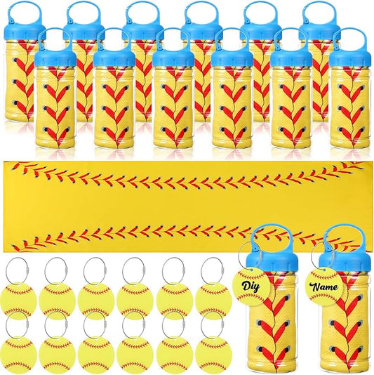 12 Pack Softball Cooling Towels with Softball Acrylic Luggage Tags, 40"x12" Breathable Chilly Ice Towel for Neck with Plastic Container, Sport Towel for Players Team Gift Sport Party Favors