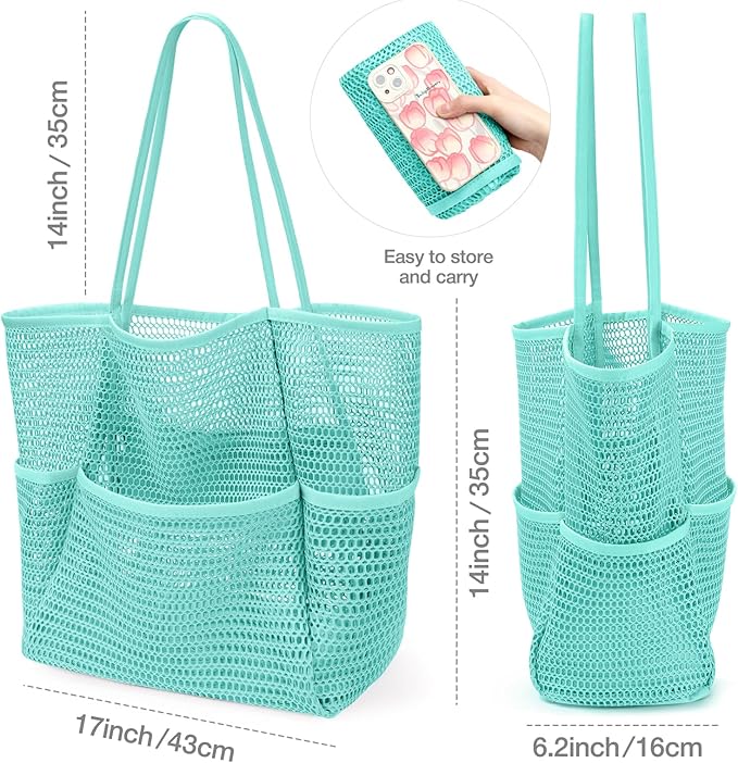 KPX Beach Bag with Mini Pocket, Beach Tote Bags for Women Large Foldable Mesh Swimming Pool Travel Bags - Sandproof