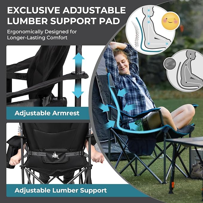 FUNDANGO Oversized Camping Chair for Adults, Heavy Duty Portable Foldable Lawn Chair with Padded Seat & Back, Lumbar Support, 4-can Cooler & Cup Holder, Carry Bag Included for Outdoor