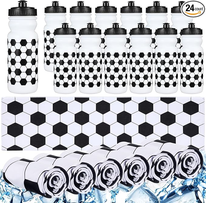 24 Pcs Sport Party Favors Include 12 Pcs 20 oz Plastic Soccer Football Basketball Water Bottles Bulk 12 Pcs 40"x12" Softball Baseball Cooling Towels for Soccer Sport Team Gift