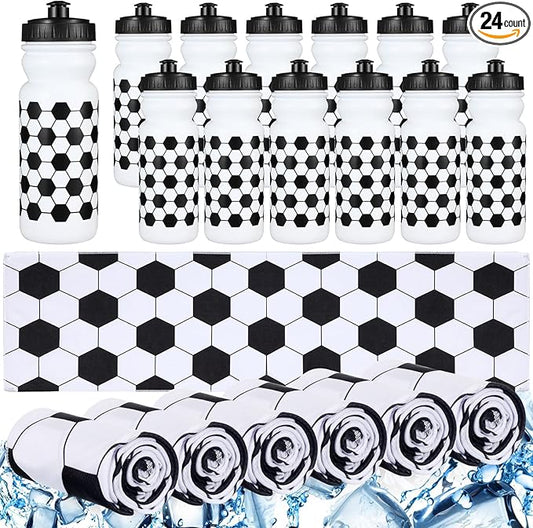 24 Pcs Sport Party Favors Include 12 Pcs 20 oz Plastic Soccer Football Basketball Water Bottles Bulk 12 Pcs 40"x12" Softball Baseball Cooling Towels for Soccer Sport Team Gift