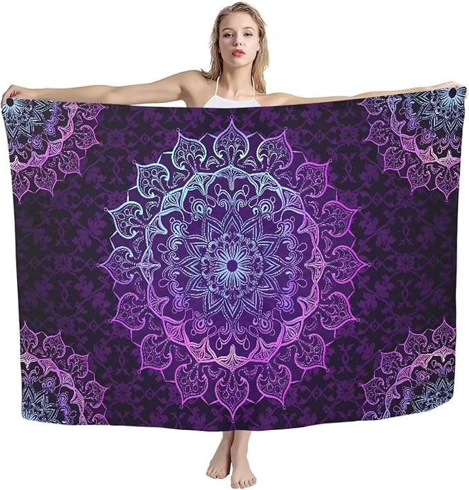Lightweight Beach Towel Quick Drying, Absorbent Travel Towel for Swimmers, Sand Free Camping Towel, Soft Comfortable Beach Towels for Vacation, Pool, Swim L, Purple Boho Flower Print