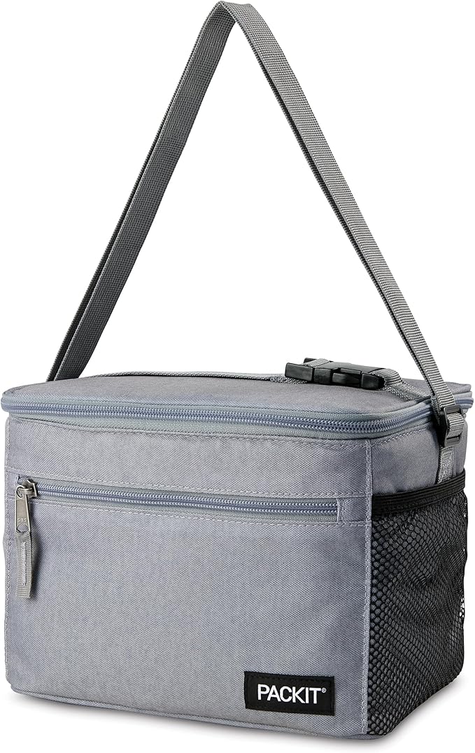 PackIt(R) Freezable Essential Cooler, Gray Fog, Built with EcoFreeze(R) Technology, Fully Freezable, Collapsible, Reusable, With Adjustable Crossbody Strap, Top Clip Handle, Designed for Fresh Office