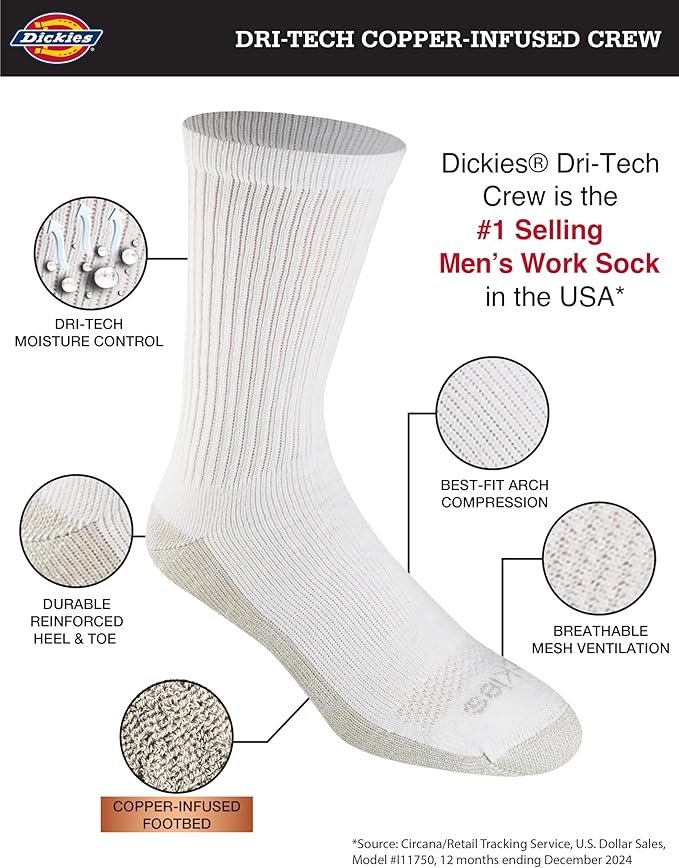 Dickies Men's Dri-Tech Original Moisture Control Crew Socks, Available in M-XXL (6, 12, 18 Pairs)