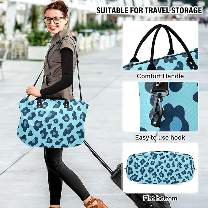 Travel Duffle Bag, Leopard Blue Pattern Gym Bag with Storage Bag Weekender Overnight Bag for Men Women Trip Sports Yoga