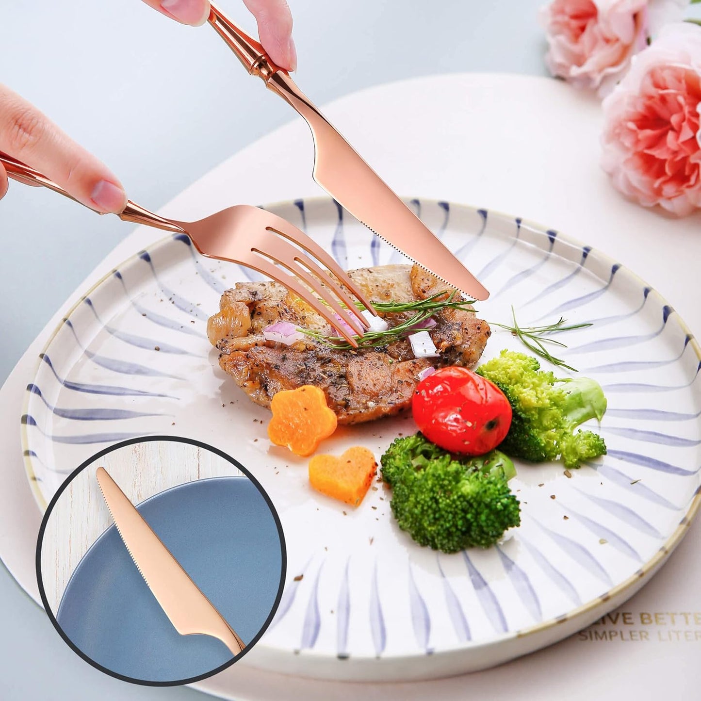 20-Piece Rose Gold Silverware Set for 4,Modern 18/10 Stainless Steel Flatware Set,Unique Rustic Cutlery Utensils Set,Spoon and Fork Set for Home, Restaurant,Mirror Polished,Dishwasher Safe