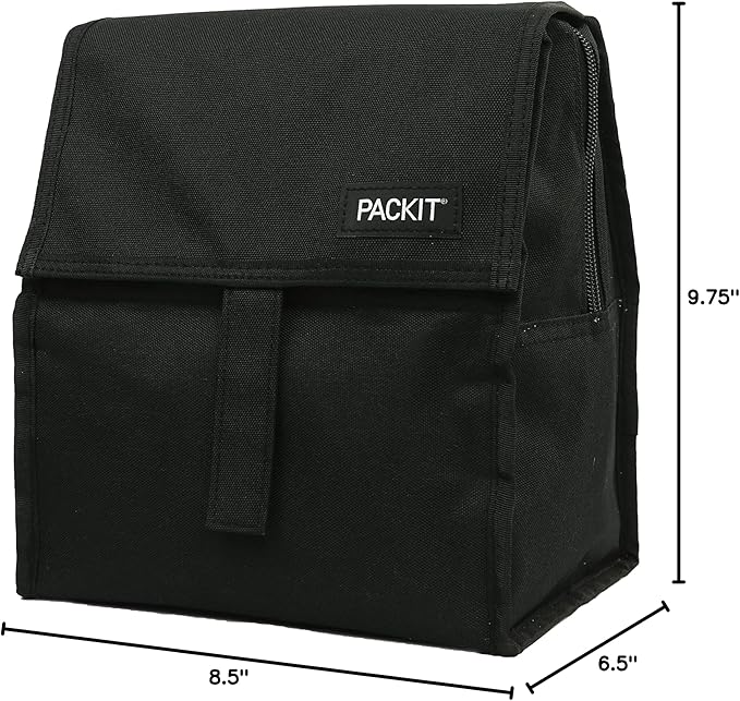 PackIt Freezable Lunch Bag,Black,Built with EcoFreeze Technology,Foldable,Reusable,Zip and Fold Closure with Buckle Handle,Perfect for School and Office Lunches,(Pack of 12)
