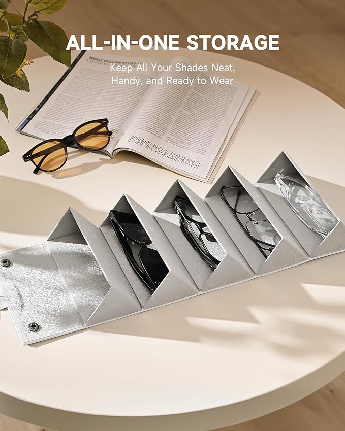 CO-Z Travel Sunglasses Organizer, Foldable Travel Sunglass Case with 5 Slots for Multiple Pairs, Portable Eyeglasses Holder