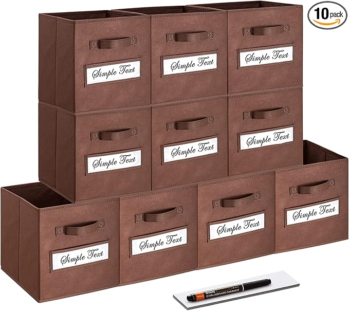 artsdi 11 Inch Storage Cube,Storage bin,cube storage (Set of 10) Foldable Fabric Cube Storage Bins with 10 Labels Window Cards & a Pen,Baskets Containers for Shelves,Closet Organizers Box,Brown
