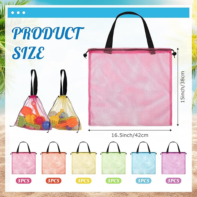 18 Pcs Mesh Beach Pool Tote Bags Bulk, Cute Drawstring Bag Large Swim Beach Toy Organizer Dopamine for Women Men Travel Lightweight Pool Essentials for Outdoor Swim Travel Shopping Gym