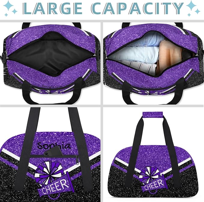 Personalized Purple Glitter Cheer Bag for Cheerleaders, Custom Sport Gym Bag Dance Bag Travel Duffle Bag Cheerleading Gifts for Women