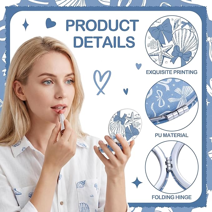 Weysat 9 Pcs Seashell Bow Compact Mirrors Bulk Double Sided Magnifying Makeup Mirrors with PU Leather Case Blue and White Coastal Design Portable Pocket Mirror for Women Girl Beach Party Gifts