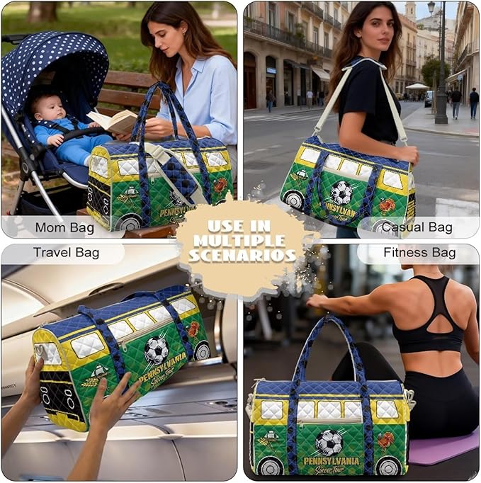 COEQINE Green Quilted Bags for Men Tote Purses for Mens Travel Bag Multiple Interior and Exterior Pockets,Pennsylvania Van Car