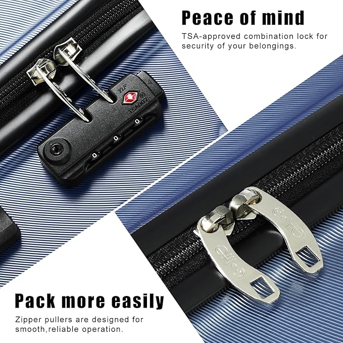 Coolife Luggage 3 Piece Set Suitcase Spinner ABS+PC Hardshell Lightweight TSA Lock USB Port, 20in 24in 28in Carry on Expandable (only 28’’), Ice Blue