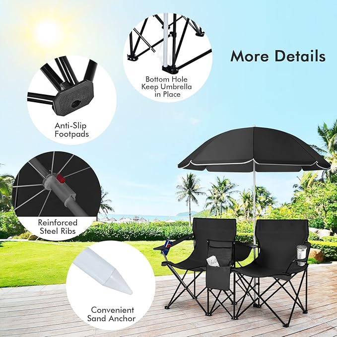 COSTWAY Double Portable Picnic Chairs, Folding Camping Chairs w/Detachable Umbrella, Cooler Bag, Cup Holders, Patio Beach Camping Chairs for Outdoors