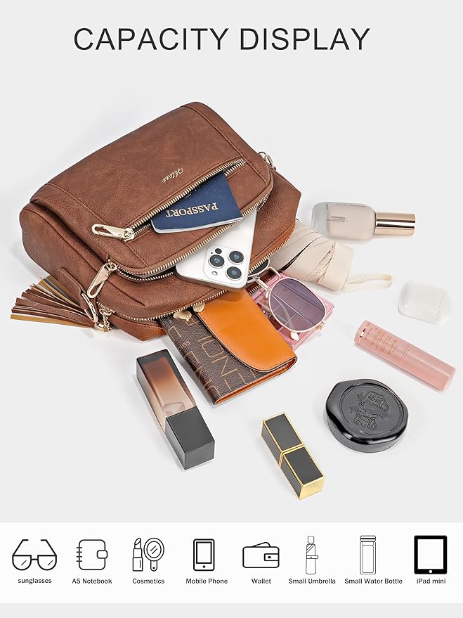 Small Leather Crossbody Bags for Women Anti theft Purses and Handbag Shoulder Hangbag with Wide Strap Tassel