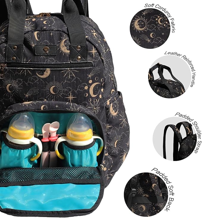 Diaper Bag Backpack, Large Capacity Multifunction Baby Essentials Fashion Travel Pack Linen Canvas office Laptop Bag (Corduroy Black Moon)