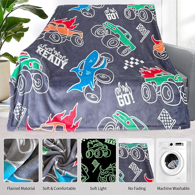 Glow in The Dark Monster Truck Blanket for Boys/Girls/Kids/Toddler/Baby, Monster Truck Toys for Boy Age 3-12, Car Blanket for Birthday/Gifts 40"x 50"