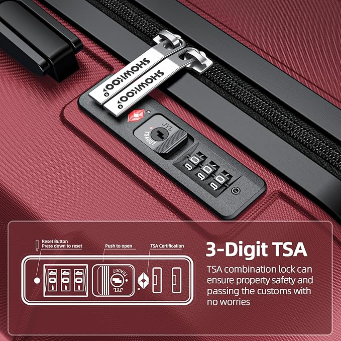 SHOWKOO Luggage Sets 3 Piece Expandable 100% PC Durable Hardshell Suitcase with Wheels TSA Lock Lightweight Luggage Wine Red