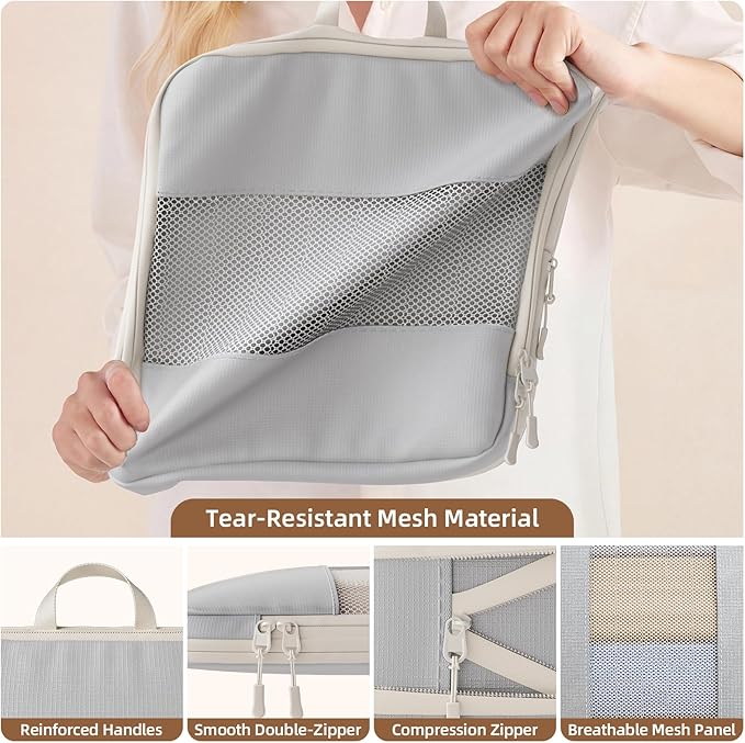 6 Set Compression Packing Cubes, Travel Packing Organizers with Breathable Mesh, Space-Saving Lightweight Portable Storage Bags Set for Travel Accessories Luggage Suitcase Backpack, Grey