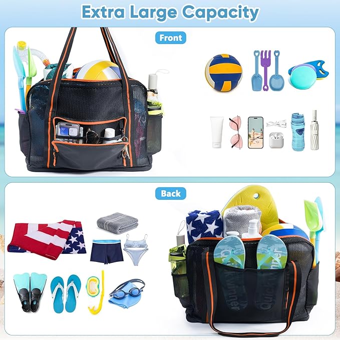Large Mesh Beach Bag - XL Beach Tote Sandproof - Swim Bag - Large Pool Tote with Pockets for Toiletries, Towel