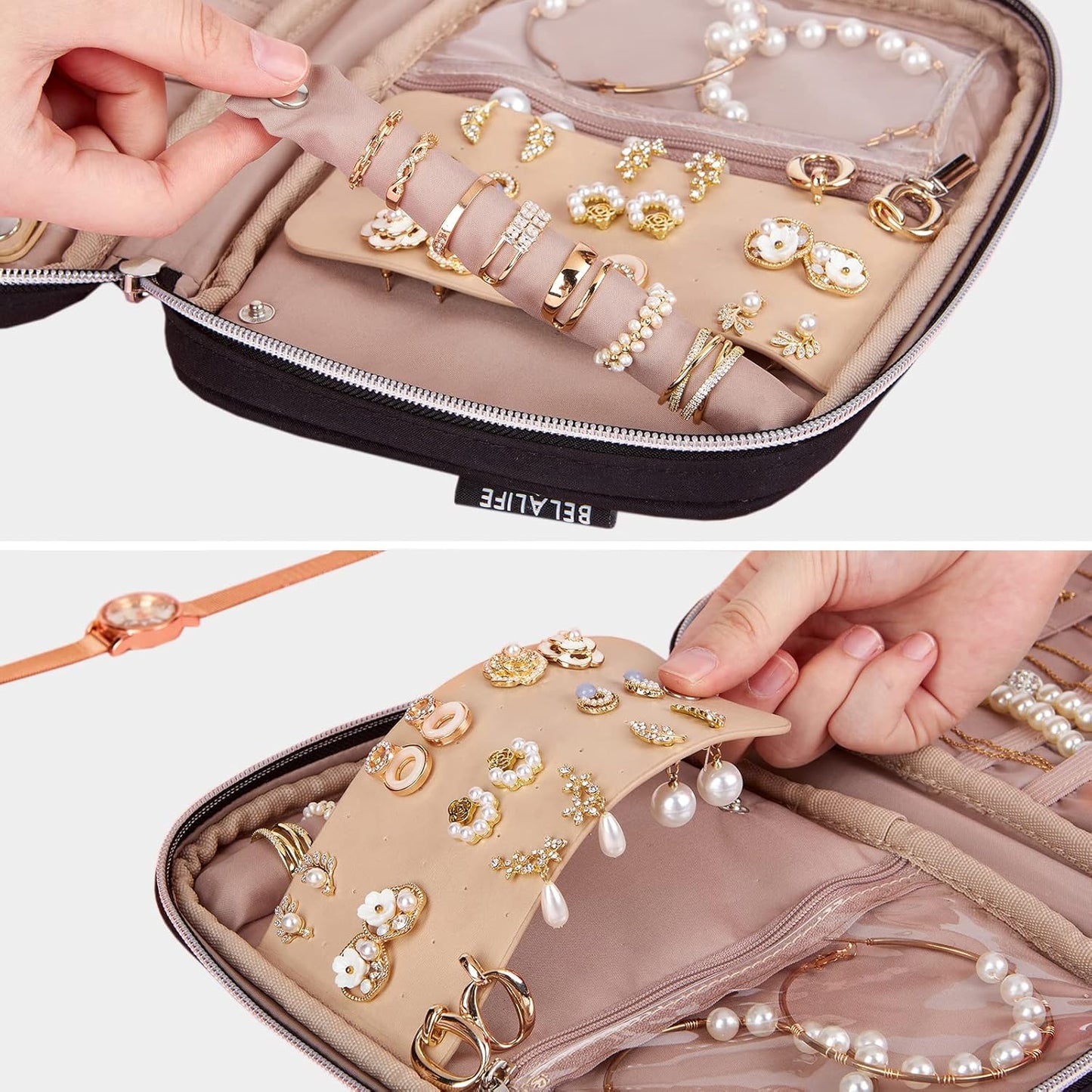 BELALIFE Travel Jewelry Organizer, Portable Storage Case for Earrings, Rings, Necklaces, Bracelets, Black